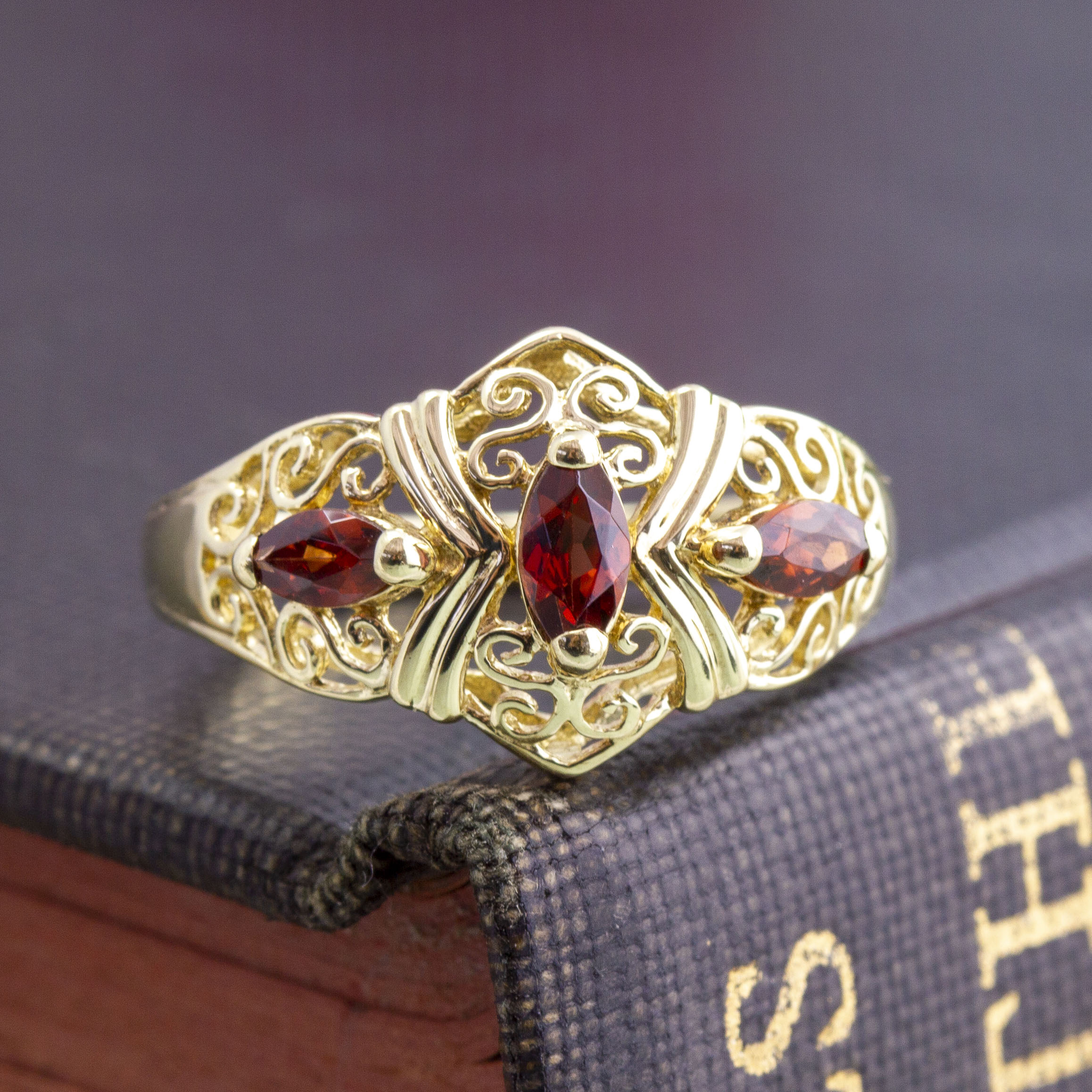 14k Yellow Gold Filigree Ring With 0.2 Carat Natural Marquis Garnet – Size 7, January Birthstone